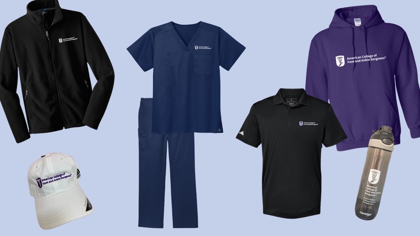 ACFAS fleece hat, polo, sweatshirt, zip-up, water bottle, and scrubs that are available in the ACFAS store